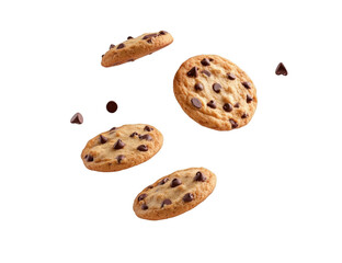Falling chocolate chip cookies isolated on transparent or white background
