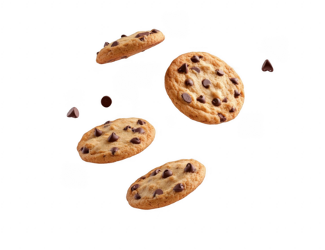 Falling chocolate chip cookies isolated on transparent or white background
