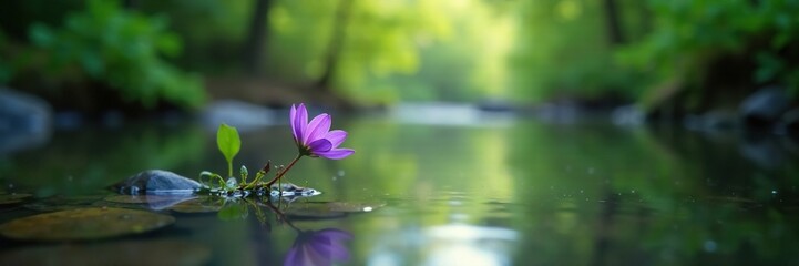 A lone purple flower floats on a serene river of the Sakhalin region, forest water, nature photography