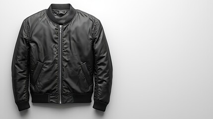 Stylish black bomber jacket displayed against a minimalistic white background, showcasing modern fashion design elements
