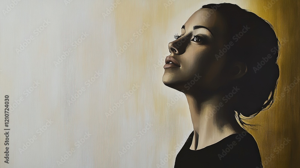 Poster elegant profile portrait with soft beige background and subtle shadows