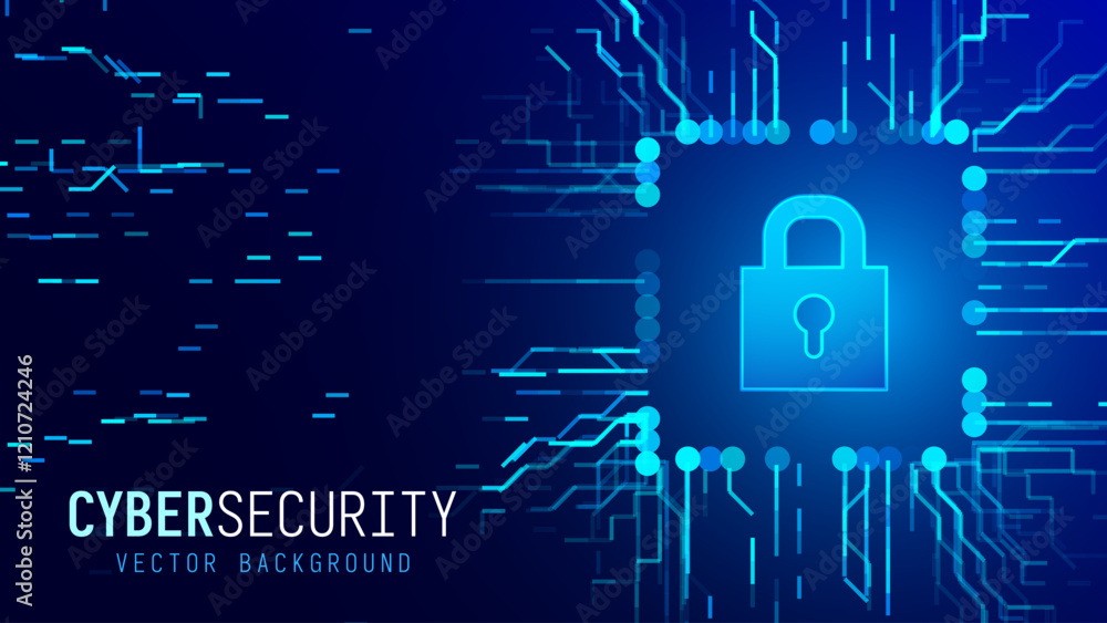Poster Cyber Security Technology Background. Cyber Lock Icon. Digital Circuit Network Protection Backdrop. Vector Illustration.