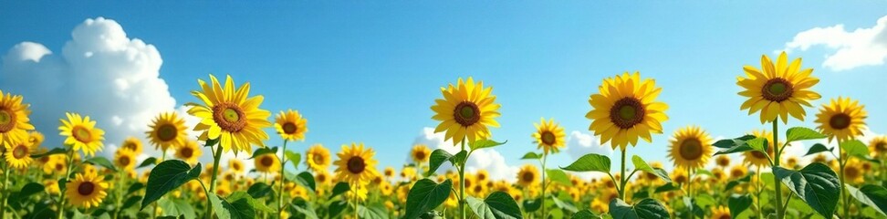 Obraz premium Sunflower plants stretching towards the clear blue sky, petals, landscape