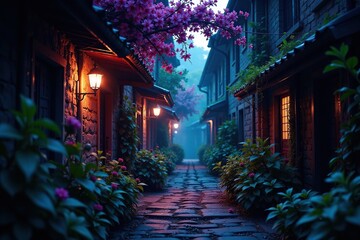 Fototapeta premium Twilight blooms in dark alleys of twisted vines, dark alley, overgrown vegetation