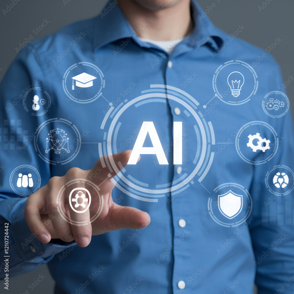Poster Future of Work: Businessman Utilizing AI Chatbot for Enhanced Productivity and Streamlined Daily Tasks. Smart Automation System, Intelligent          