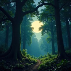 Fototapeta premium Dense foliage illuminated by soft moonlight filtering through the canopy, shadow, giant trees, vegetation