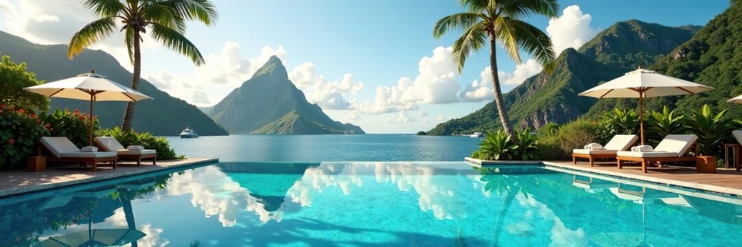 Tropical landscape with Pitons Mountains reflected in a pool on the cruise deck, luxury, St Lucia, pitons