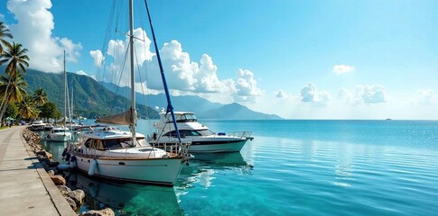 Boats docked on the pier with a sailboat in the foreground, seaside, vessel