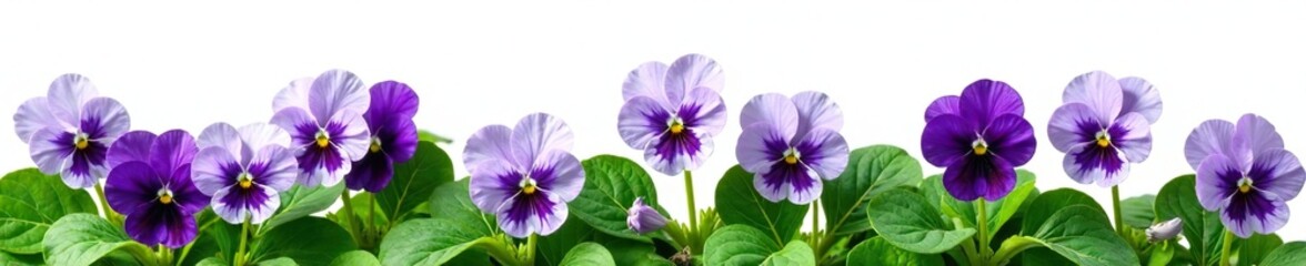 delicate Pansy Violet blooms on a bed of green leaves against white background, color, flower, spring