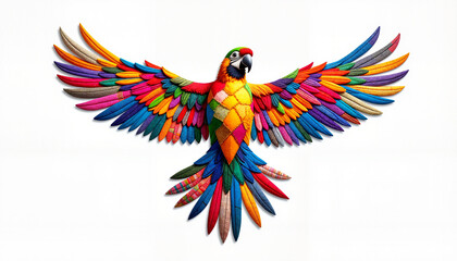 Obraz premium Colorful parrot flying with patchwork feathers, vibrant creativity