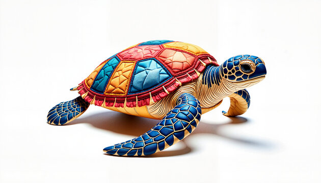 Colorful patchwork sea turtle against white backdrop, creative artistry
