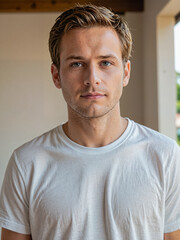 Obraz premium Retrato de un hombre blanco de pie en el interior de una habitación vistiendo una camiseta blanca 