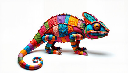 Colorful chameleon made from patchwork fabric on white background, creativity