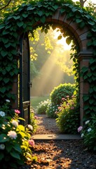 Fototapeta premium Softly glowing light filtering through a garden gate, filter, lighting