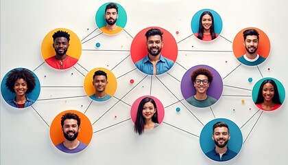 Diverse group of people connected in network. Friendly faces represent vibrant social media community. Visualizes online connections, digital interactions. Colorful circles, lines symbolize