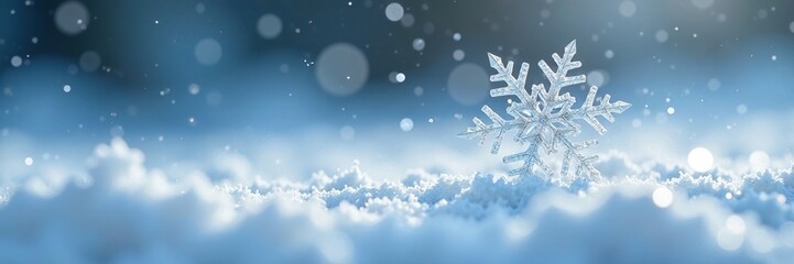 Fototapeta premium Diamond snowflake gently falling on pristine white surface, stillness, snowfall, serene