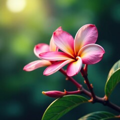 Fototapeta premium Delicate pink frangipani blooms on a leafy branch, tropical, frangipani