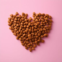 Heart-shaped arrangement of pet food on a pink background