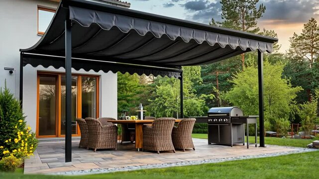 Modern outdoor dining area featuring a stylish canopy and a barbecue grill in a serene garden setting