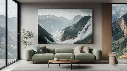 Levanto living room with sage green sofa and dramatic canyon view. Frosted Canyon. Illustration