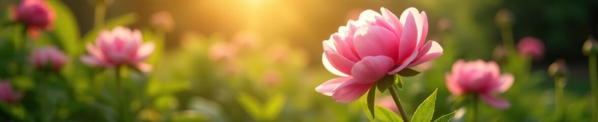 Obraz premium Soft sunlight filters through the delicate petals of a peony in a lush garden, peonies, flower, gentle glow