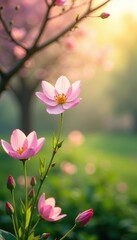 Obraz premium Soft pink blooms dance in gentle morning breeze, serene landscape, gentle light, nature photography