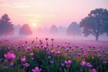 Obraz premium Soft pink and purple shades dance across a misty meadow, dawn, natural, soft focus