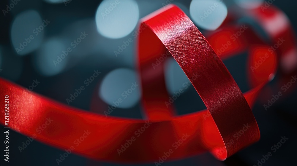 Poster close-up shot of a red ribbon lying on a table, suitable for use in designs and presentations that r