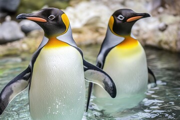 Fototapeta premium Two penguins stand together in shallow water, a common sighting in their natural habitat