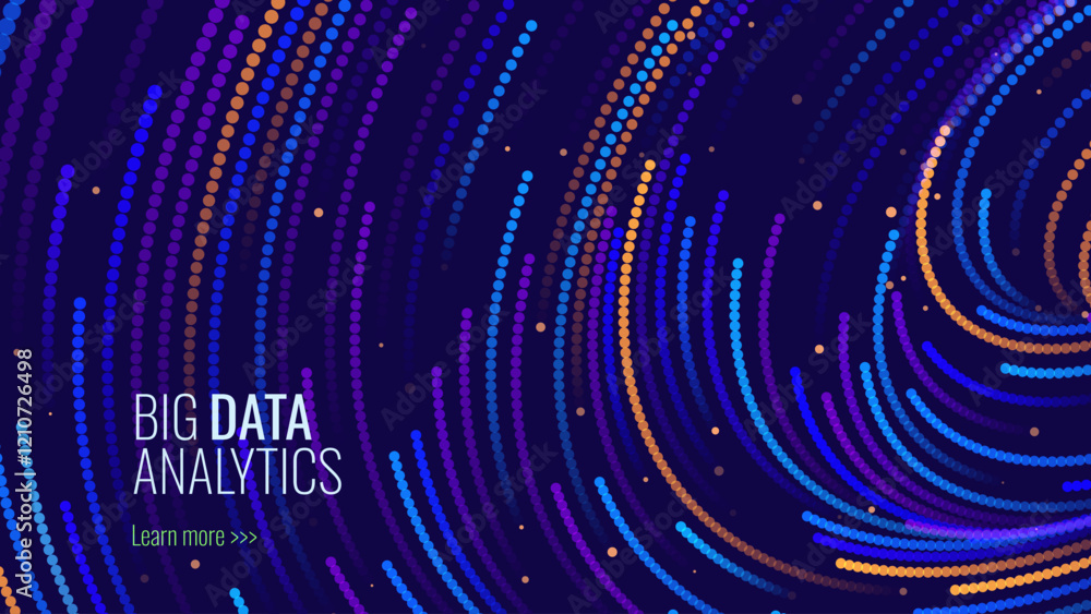 Poster Big Data Visualization. Circular Particles With Trails Vortex. Futuristic Science or Finance Infographic Design. Complex Visual Data Background. Abstract Data Flowing. Vector Illustration.