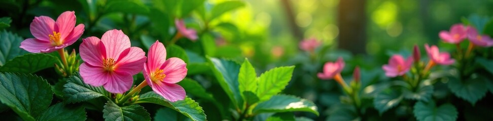 Obraz premium Blooming pink flowers amidst lush green foliage, nature, green, leaf