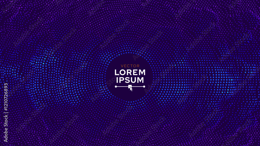 Poster Abstract Digital Circles of Particles with Noise. Futuristic Circular Sound Wave. Big Data Visualization. 3D Virtual Space VR Cyberspace. Crypto Currency Concept. Vector Illustration.