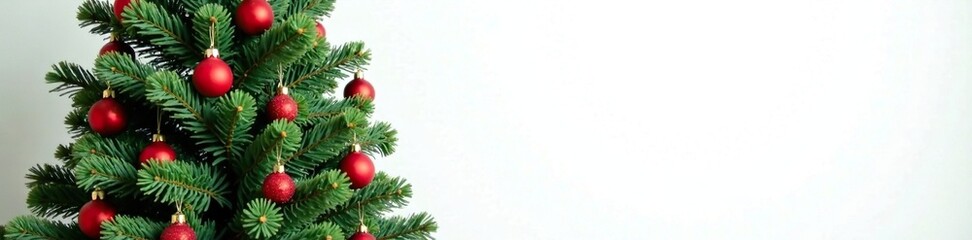 A decorated Christmas tree with red and green ornaments against a bright white background, decorative branches, holiday decor, green