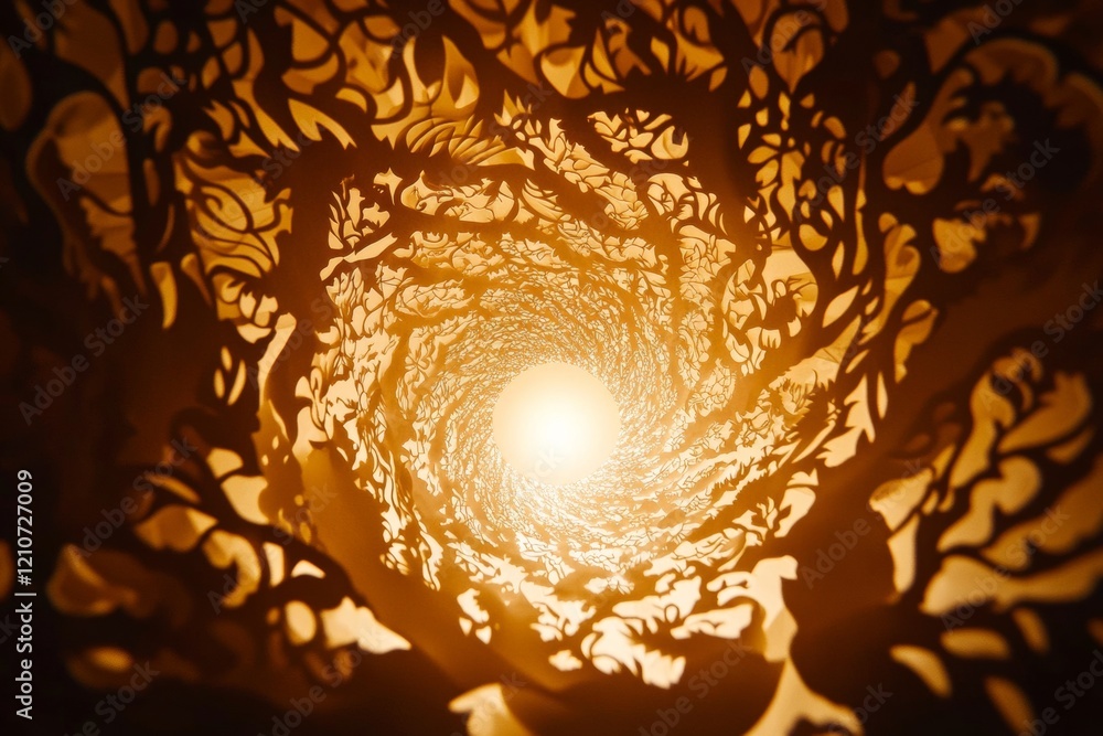 Poster a spiral of cut-out paper designs forms intricate shadow art, illuminated from below by a single lig