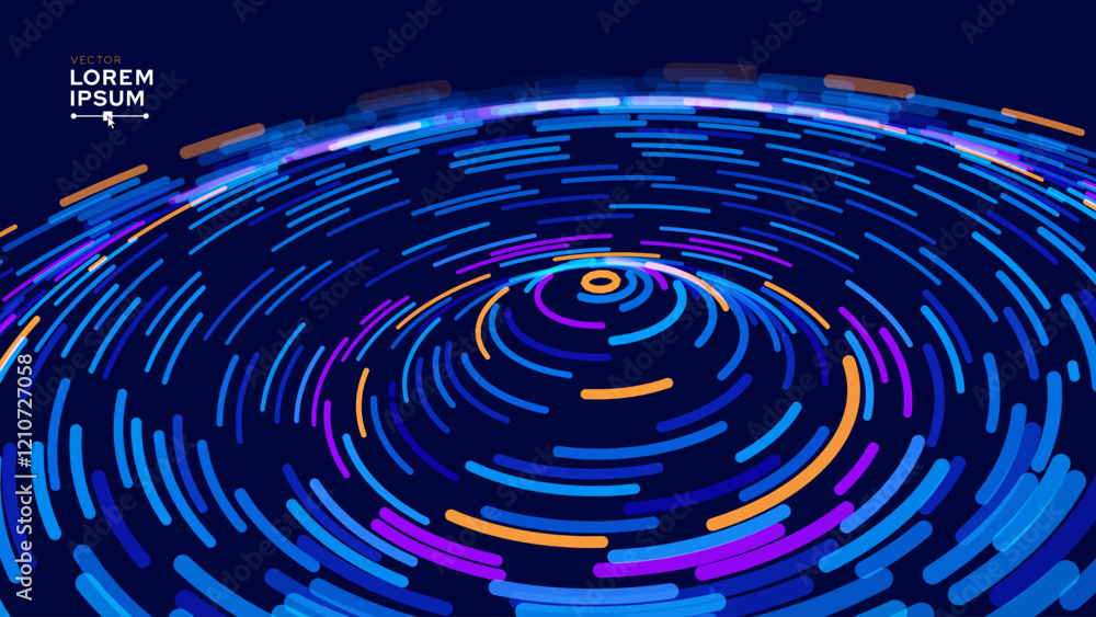 Poster Digital Wave Circle Audio Lines Grid Big Data Background. Spreading Sound Waves Circles. Visual Data. Futuristic Circular Sound Wave. Big Data Visualization. 3D Virtual Space VR Cyberspace. Vector.
