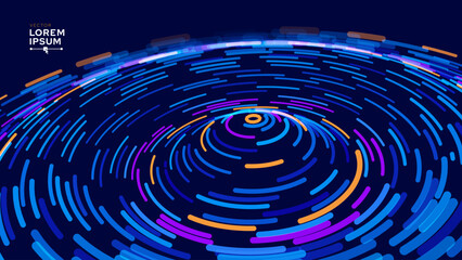 Digital Wave Circle Audio Lines Grid Big Data Background. Spreading Sound Waves Circles. Visual Data. Futuristic Circular Sound Wave. Big Data Visualization. 3D Virtual Space VR Cyberspace. Vector.