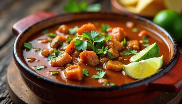 Birria consome with tortillas and lime wedges, rich, soup