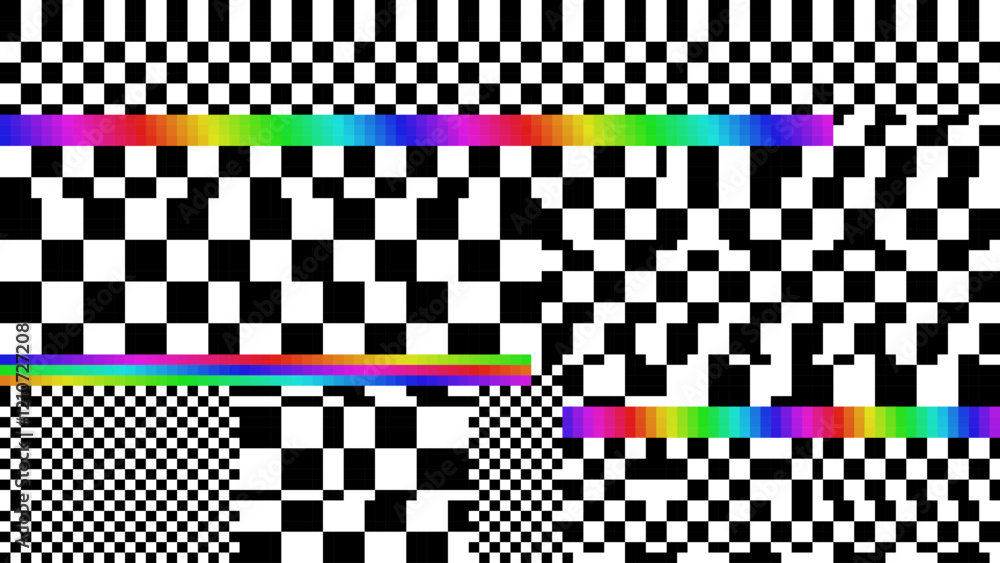 Poster Rainbow Pixels Glitch Effect Abstract Background. Glitched Stripes and Random Pixels Television Screen. Distorted Glitch Effect. NO SIGNAL TV Frame Vector.
