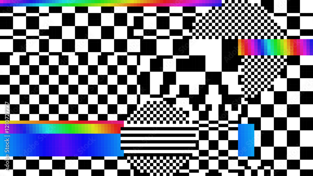 Poster Rainbow Pixels Glitch Effect Abstract Background. Glitched Stripes and Random Pixels Television Screen. Distorted Glitch Effect. NO SIGNAL TV Frame Vector.