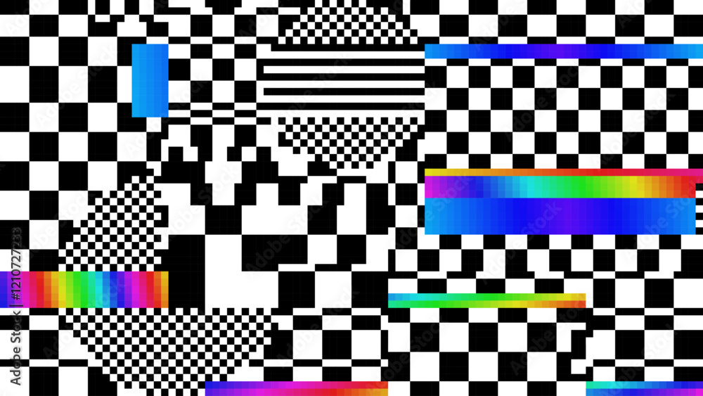 Poster Rainbow Pixels Glitch Effect Abstract Background. Glitched Stripes and Random Pixels Television Screen. Distorted Glitch Effect. NO SIGNAL TV Frame Vector.