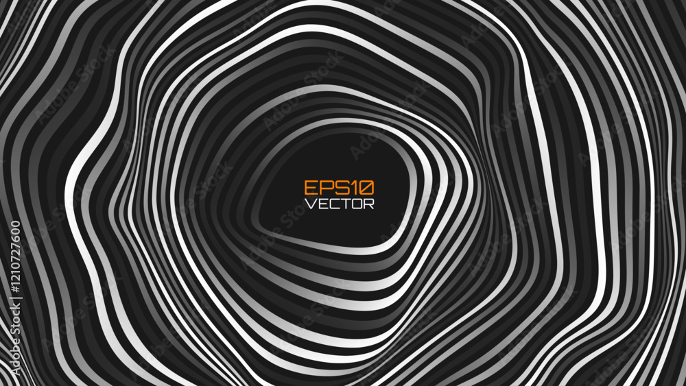 Poster Psychedelic Warped Circles Lines Optical Illusion Texture. Abstract Geometric Background Vector Design. Abstract Black and White Optical Illusion Surrealism Tunnel Portal Vector Illustration.