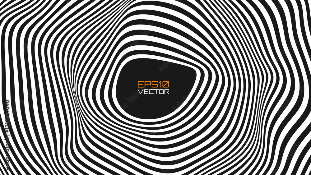 Poster Psychedelic Warped Circles Lines Optical Illusion Texture. Abstract Geometric Background Vector Design. Abstract Black and White Optical Illusion Surrealism Tunnel Portal Vector Illustration.