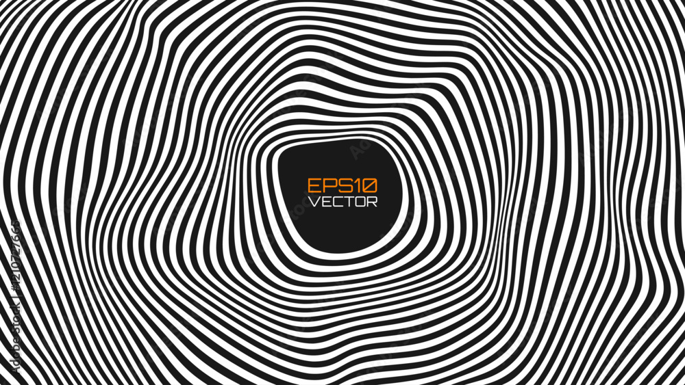 Poster Psychedelic Warped Circles Lines Optical Illusion Texture. Abstract Geometric Background Vector Design. Abstract Black and White Optical Illusion Surrealism Tunnel Portal Vector Illustration.