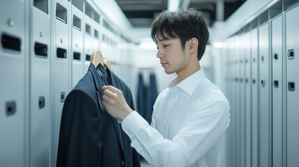 Fototapeta premium ロッカーにスーツのジャケットを丁寧にしまう新入社員