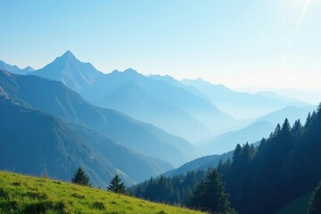 Obraz premium Softly fades blue to white gradient background on serene mountain landscape, serene, landscape