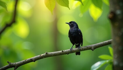 Fototapeta premium Black Redstart on a branch in the forest with dappled sunlight, , birdlife