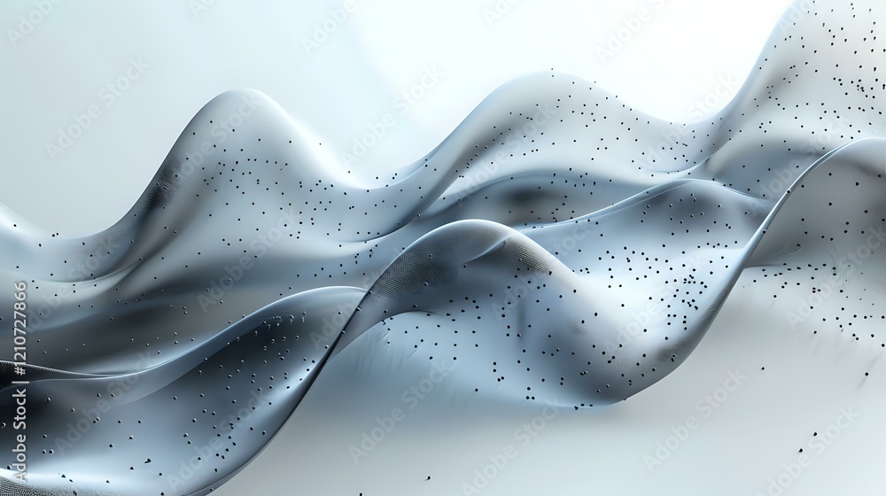 Poster abstract flowing silver waves with scattered black particles create dynamic motion effect, perfect f