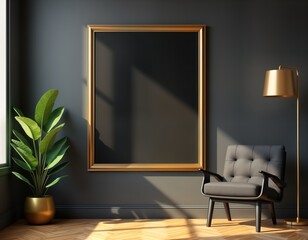 Stylish living room interior design mockup features gold framed picture. Modern armchair, decorative plant in gold pot also present. Golden floor lamp illuminates space. Neutral color palette creates