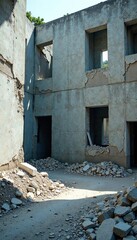 Fototapeta premium Crumbling concrete walls with shattered glass windows, fragments, rubble