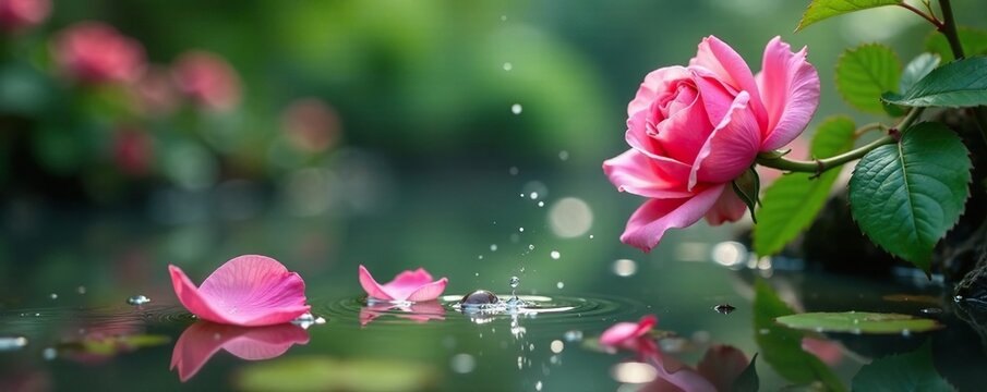 Delicate rose petals fall from a branch into a shallow water pool, serenity, garden scene, water droplets
